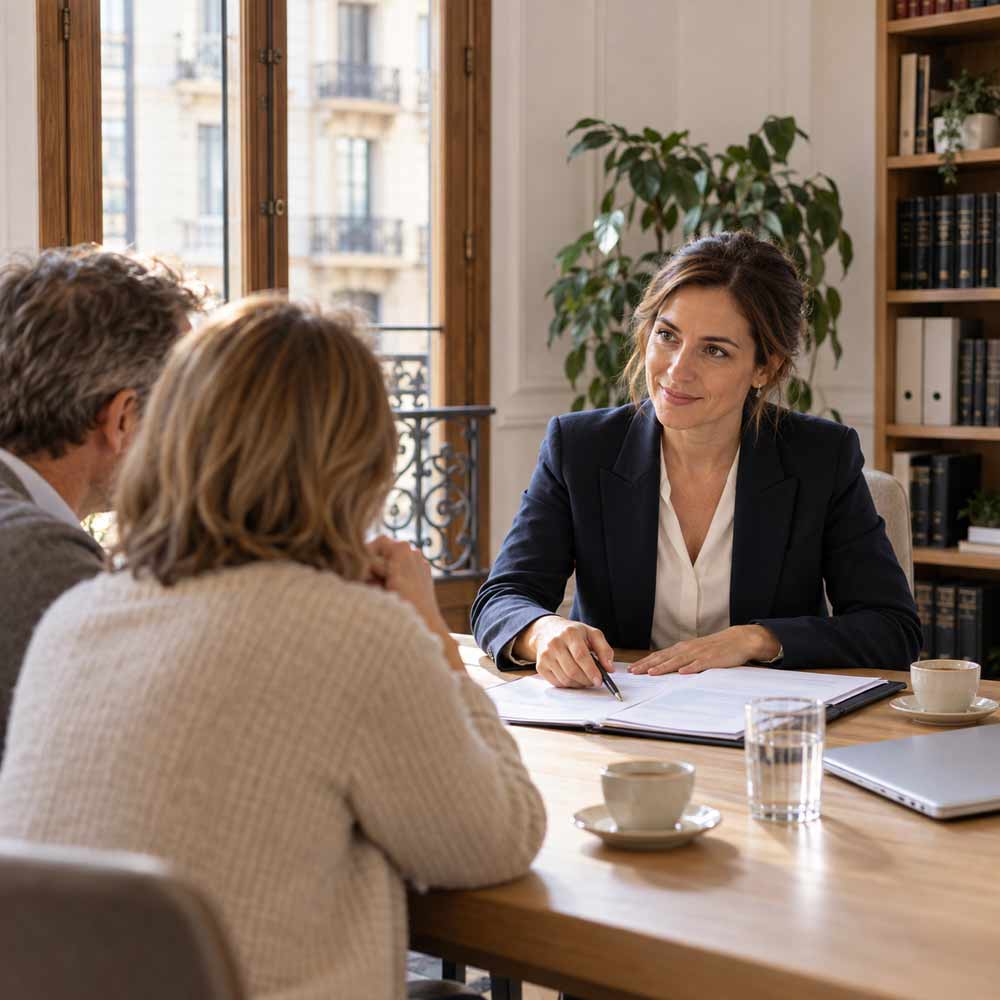 Abogados para Ley de Segunda Oportunidad en Barcelona: abogada explicando a una pareja cómo cancelar sus deudas en un despacho del Eixample
