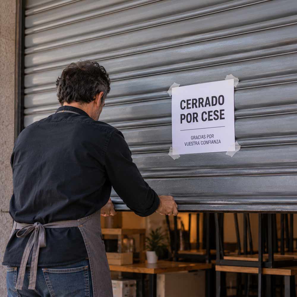 Autónomo bajando la persiana de su negocio con el cartel «Cerrado por cese»: también puede acogerse a la Ley de Segunda Oportunidad en Barcelona