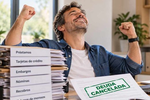 Autónomo celebrando en su mesa de trabajo el documento «Deuda cancelada» tras cumplir los requisitos de la segunda oportunidad para autónomos en Barcelona