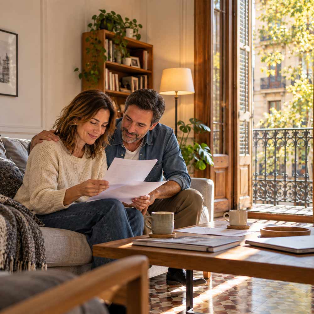 Pareja revisando sus deudas en el salón de su piso del Eixample, que pueden conservar con un plan de pagos de la Ley de Segunda Oportunidad en Barcelona