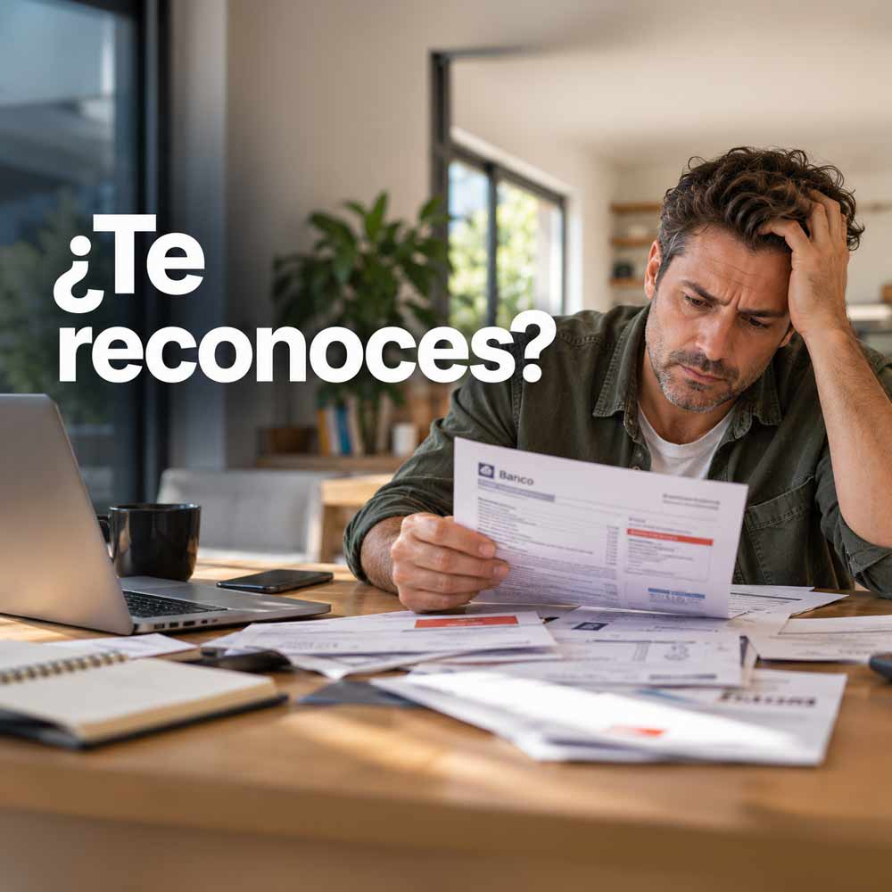 Hombre preocupado revisando cartas del banco y recibos que no puede pagar, con el texto «¿Te reconoces?»