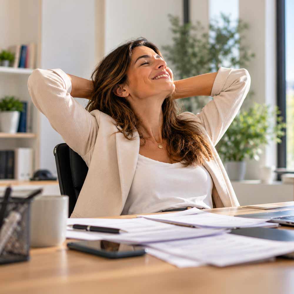 Mujer relajada y sonriente en su mesa de trabajo tras la exoneración de sus deudas con la Ley de Segunda Oportunidad en Barcelona