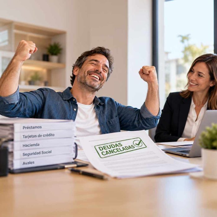 Abogados para Ley de Segunda Oportunidad en Barcelona: cliente celebrando junto a su abogada el documento «Deudas canceladas», con las carpetas de préstamos, tarjetas, Hacienda, Seguridad Social y avales sobre la mesa